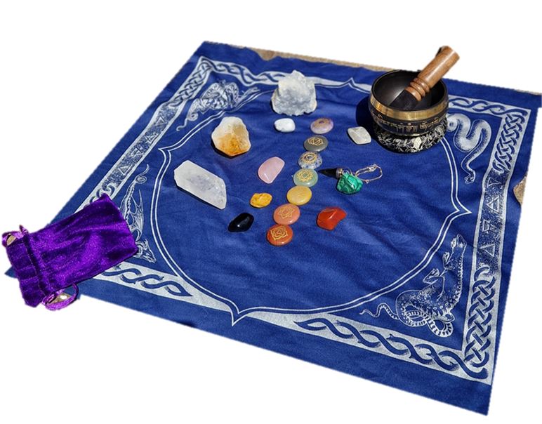 chakra colour crystals and dowser celestite crystal healing singing bowl blue cloth Cheryl Colpman